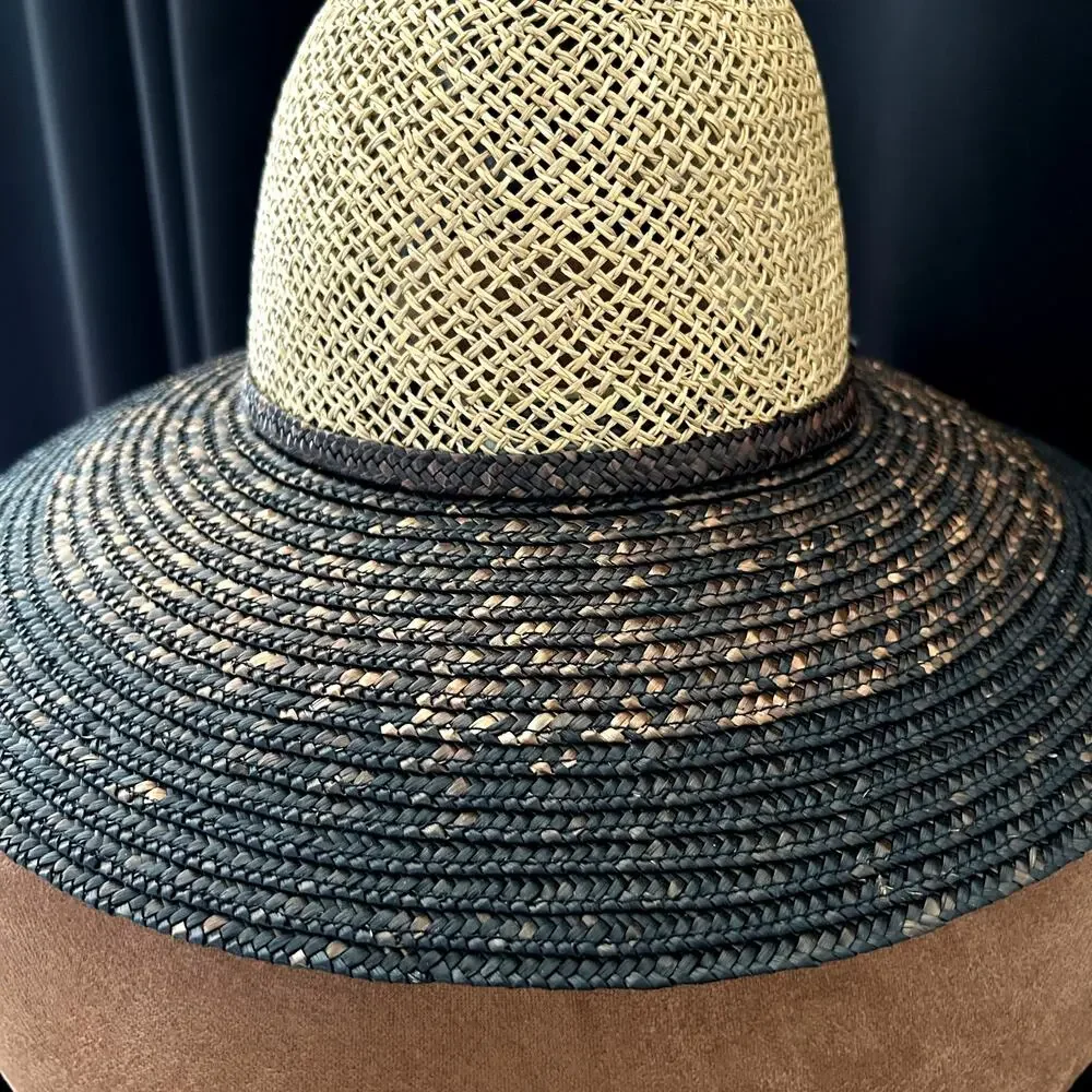 Vintage Natural Fiber Straw Hat Bow Trim Black 21.5